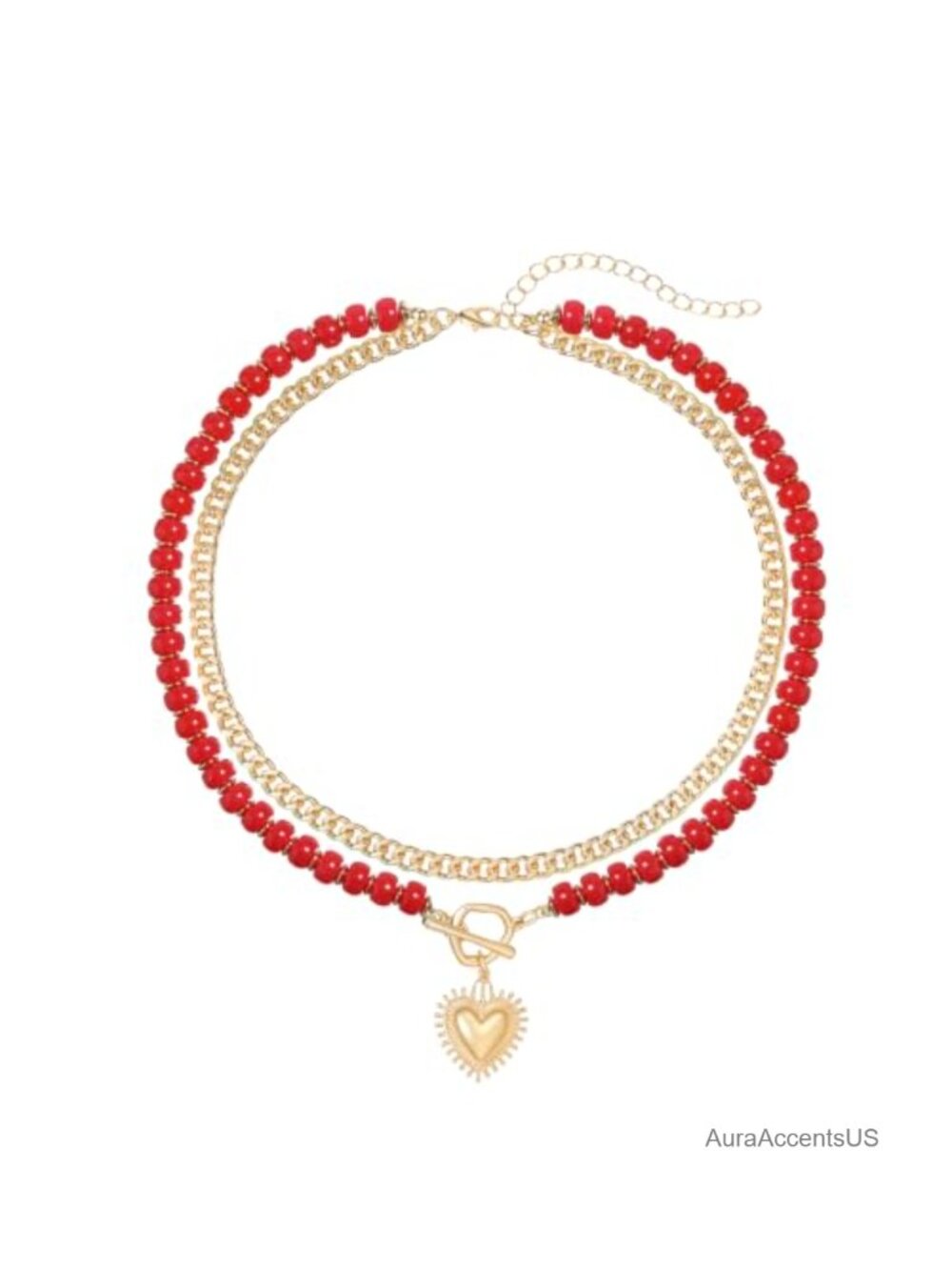 Layered Acrylic Beaded Necklace, 14k Gold Plated Heart Pendant, Lobster Clasp